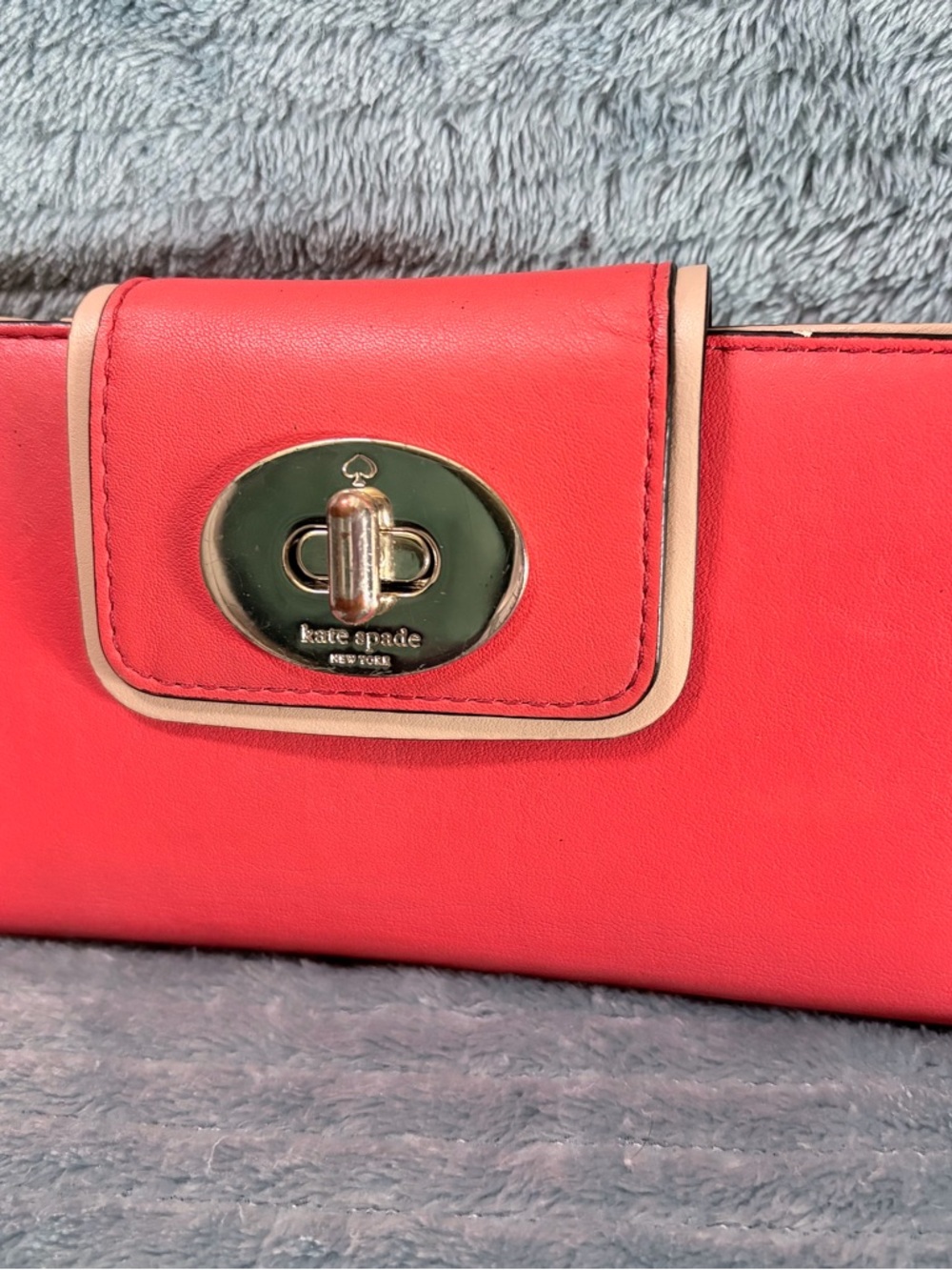 kate spade Coral Pink Wallet with Cream Trim and Gold Turnlock